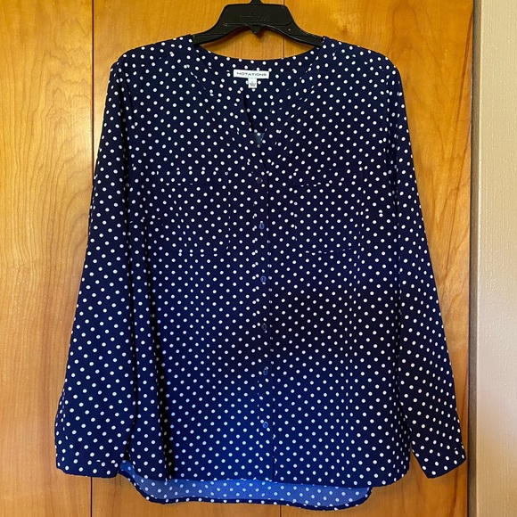 Notations Tops Navy Blue Polka Dot Button Down Blouse Poshmark 
